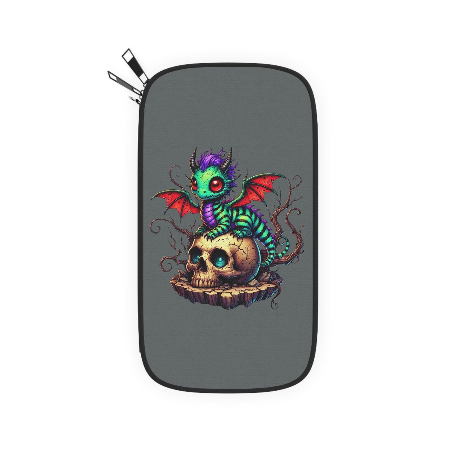 Drachen Reisepasshülle mit farbenfrohem Drachen-Design auf Schädel, leichte Polyestertasche mit Reißverschluss, 11.9 x 23.1 cm.