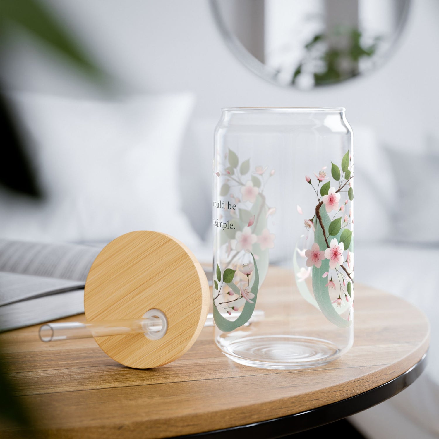 Blumendesign Glas – 16oz / 0,47 l mit Bambusdeckel & Strohhalm