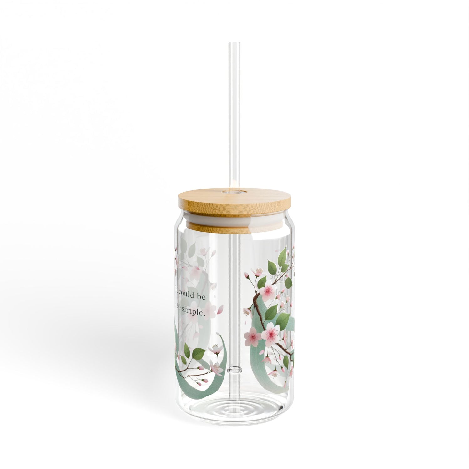 Blumendesign Glas – 16oz / 0,47 l mit Bambusdeckel & Strohhalm