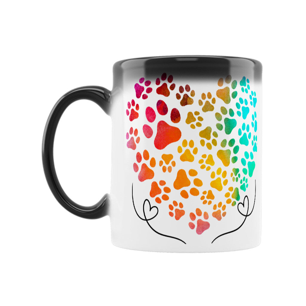 Zaubertasse Keramik, schwarze Tasse wird weiß mit Regenbogen-Pfotenabdruck, 300 ml, hitzeaktiviert.