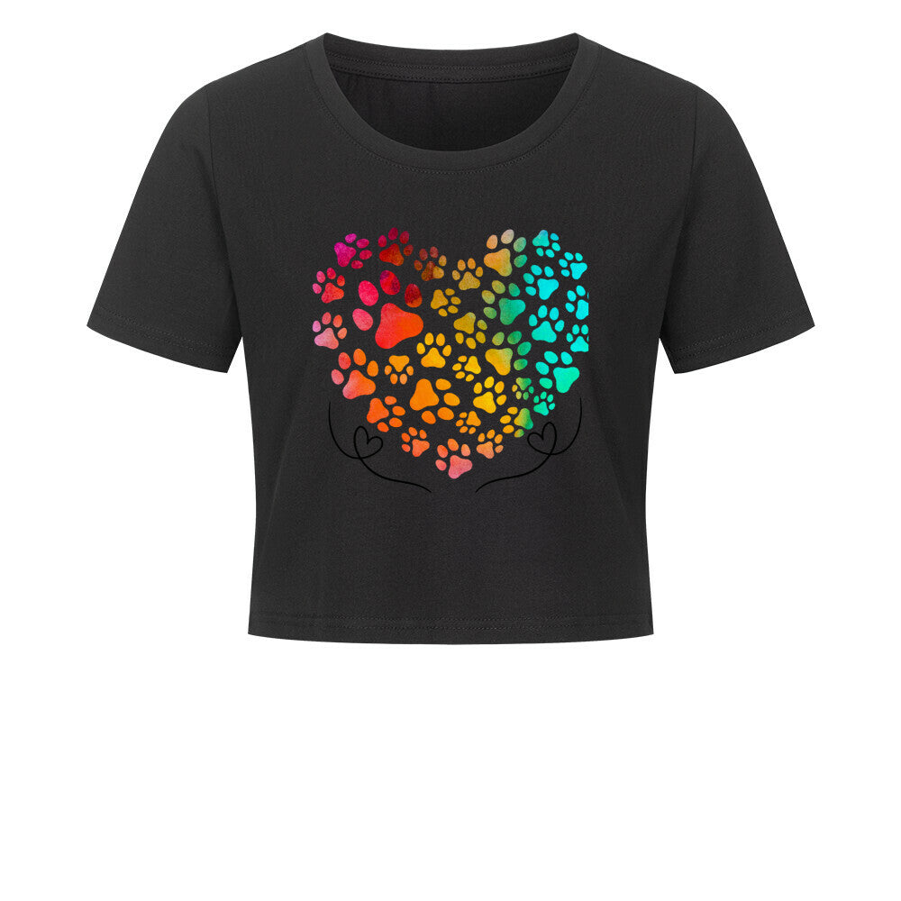 Damen-kurz Shirt mit Herz aus bunten Pfoten, lässiger Schnitt.