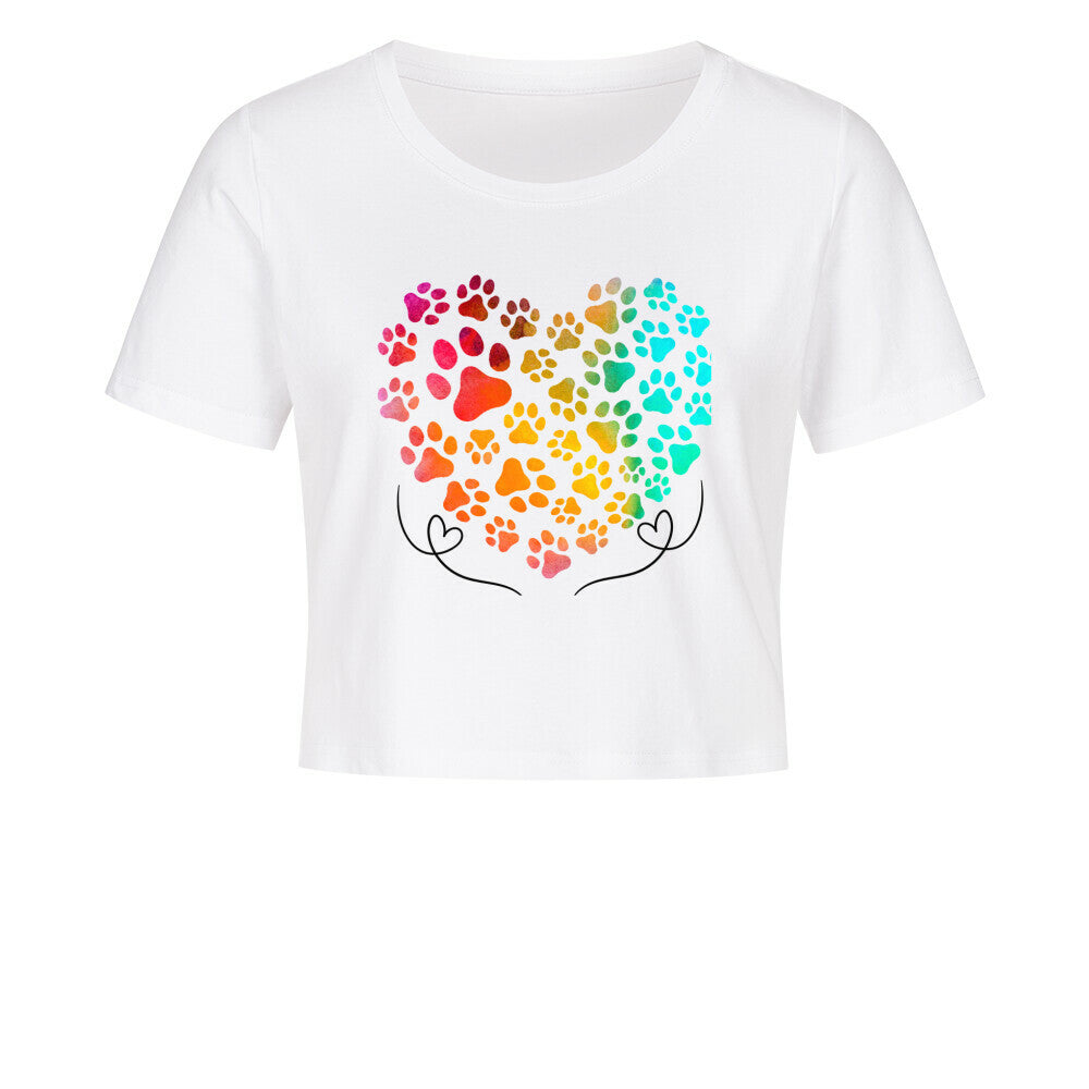 Damen-kurz Shirt mit Herz- und Pfoten-Design, lässiger Schnitt, Baumwolle-Elasthan-Mischung.