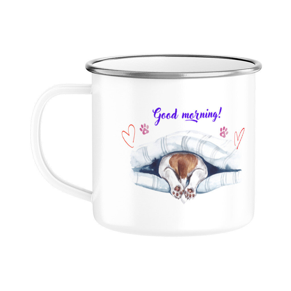 Emaille Tasse im Retrolook mit schwarzem Rand und Hundemotiv, 350 ml.