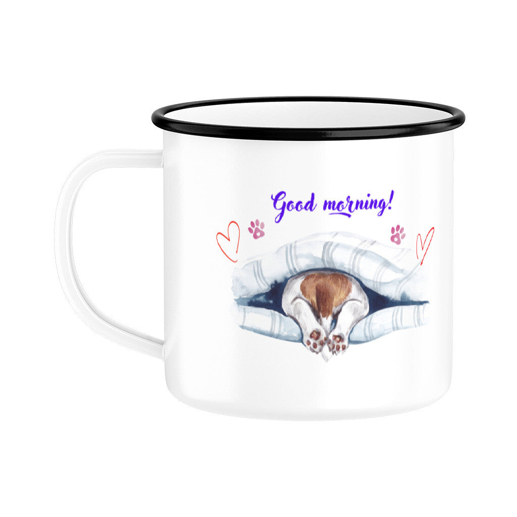 Emaille Tasse im Retrolook mit schwarzem Rand, 350 ml, für Heißgetränke.