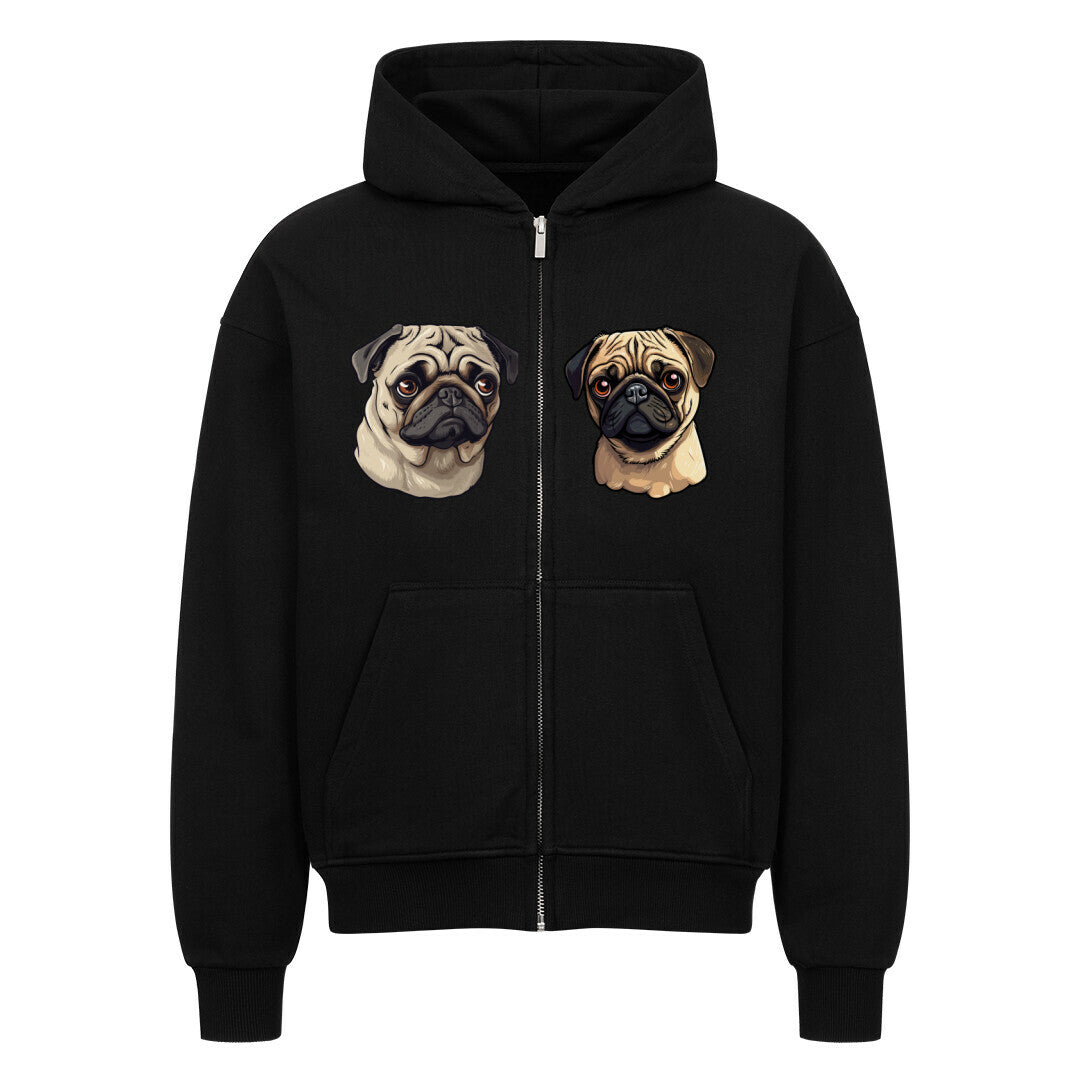 Unisex oversized zipper hoodie with pug design, 100% cotton.
