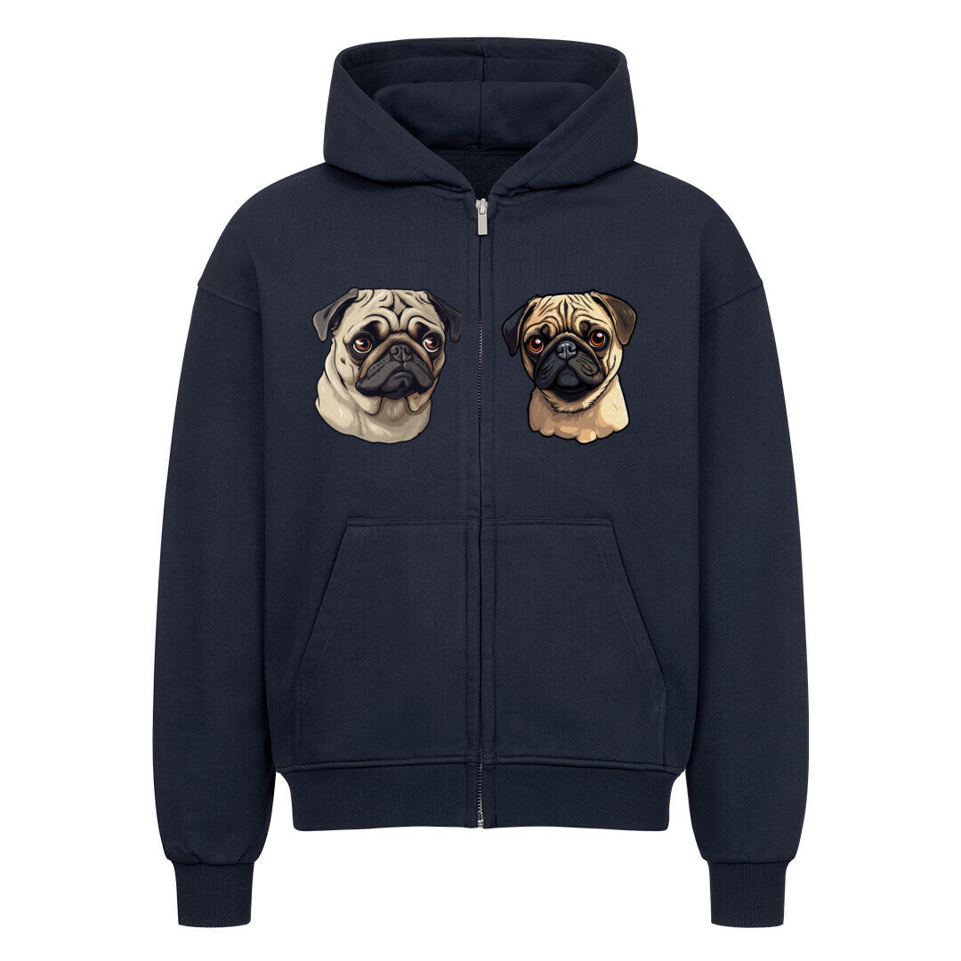 Unisex oversized zipper hoodie with pug design, 100% cotton, premium quality.