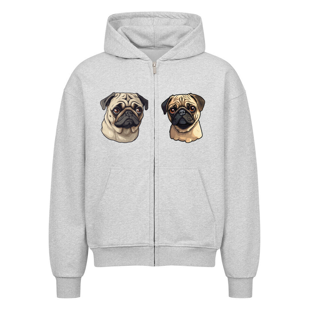 Unisex oversized zipper hoodie with pug design, 100% cotton, made in Turkey.
