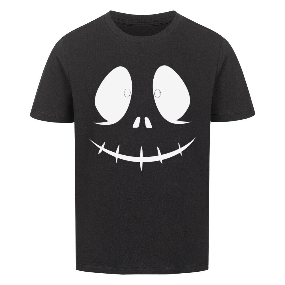Sustainable Halloween kids t-shirt, premium organic cotton, black with white smiling face design.