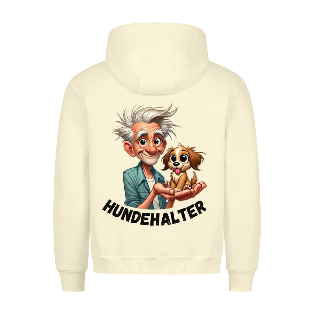 Unisex Hundehalter Hoodie with zipper, cartoon dog and man design on back.