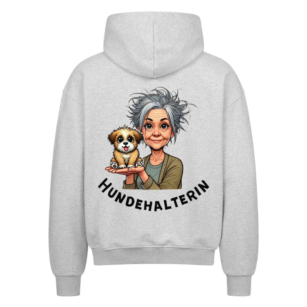 Unisex Hundehalterin Hoodie mit Reißverschluss in Grau, oversized Schnitt, 100% Baumwolle.