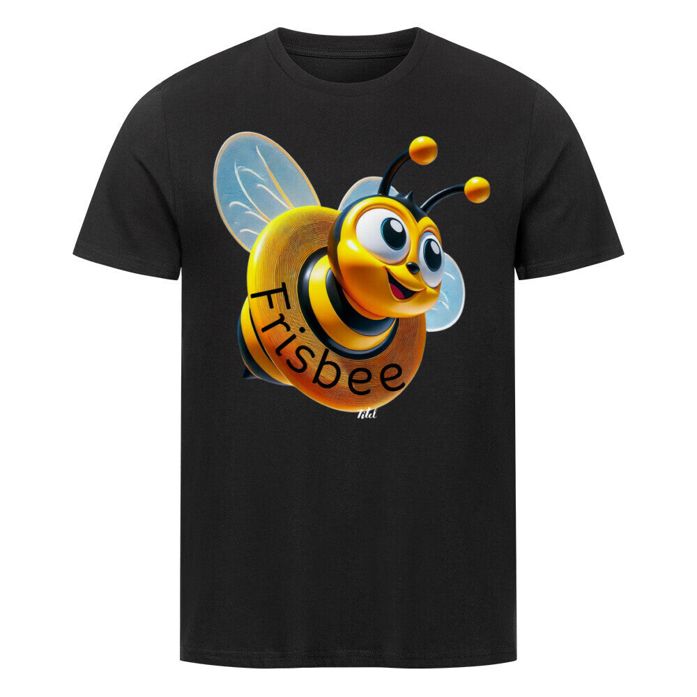Frisbee unisex shirt, black, featuring a playful bee graphic.