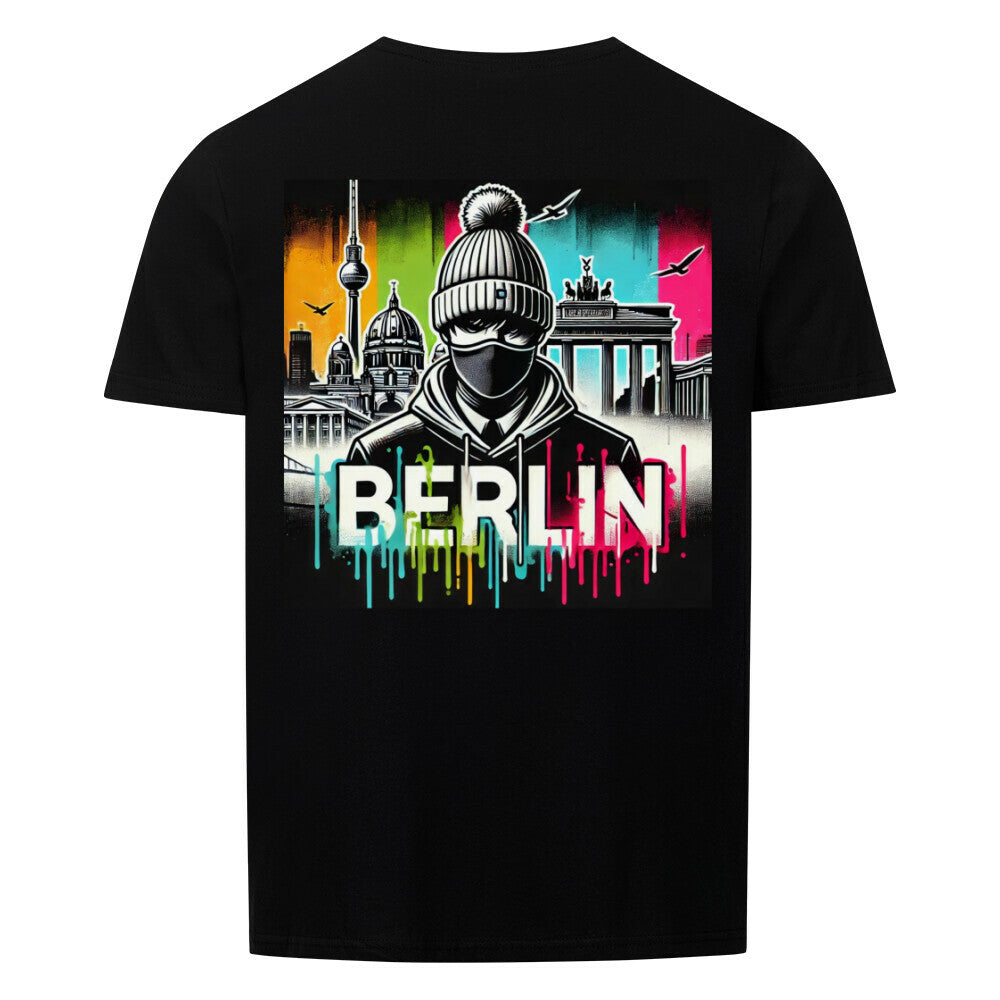 Unisex Berlin shirt with vibrant cityscape design on the back, 100% cotton.