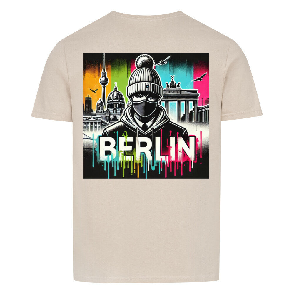Unisex Berlin Shirt with colorful cityscape design featuring a figure in a beanie.