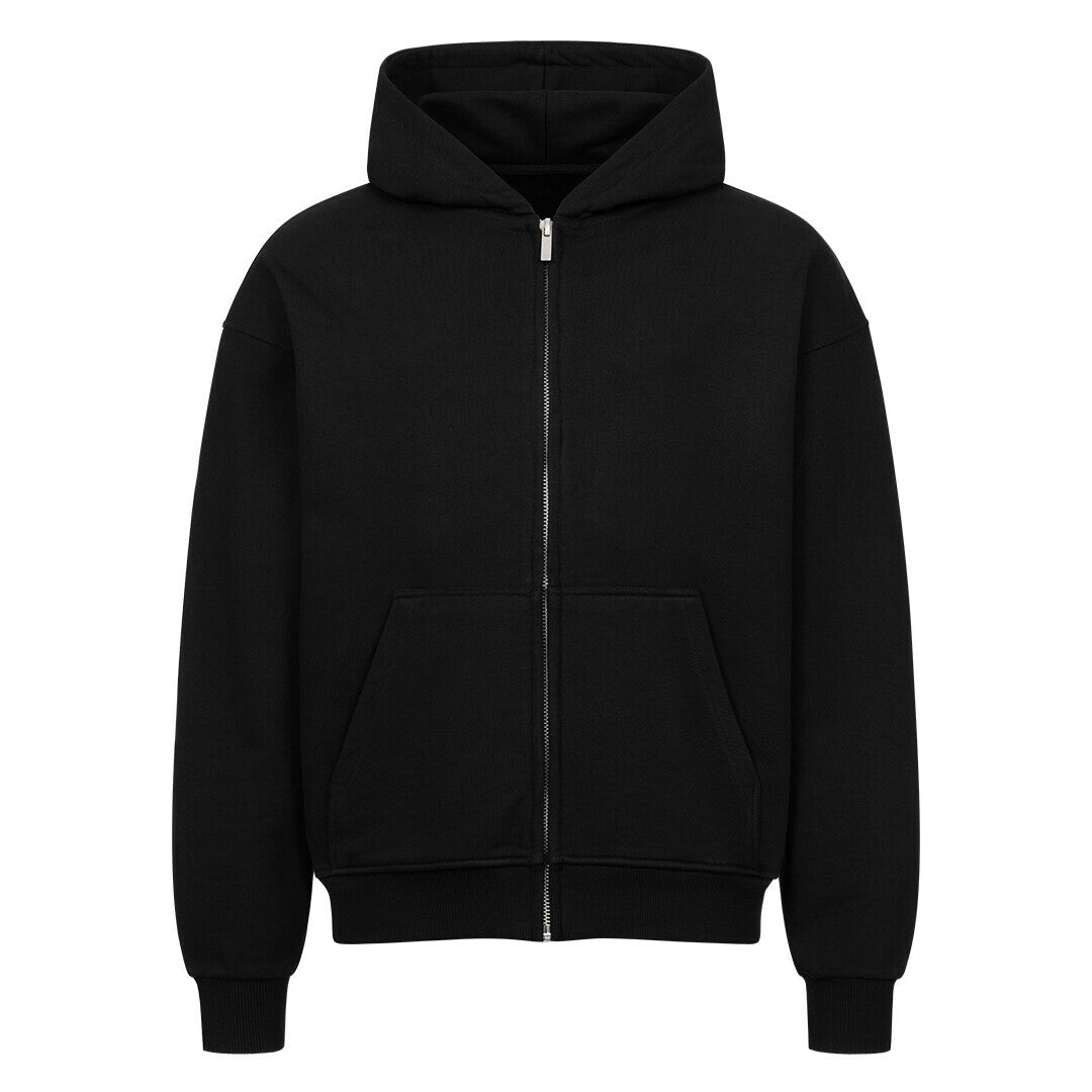 Stylischer schwarzer Berlin Hoodie mit Reißverschluss und großer Kapuze im Oversized-Schnitt.
