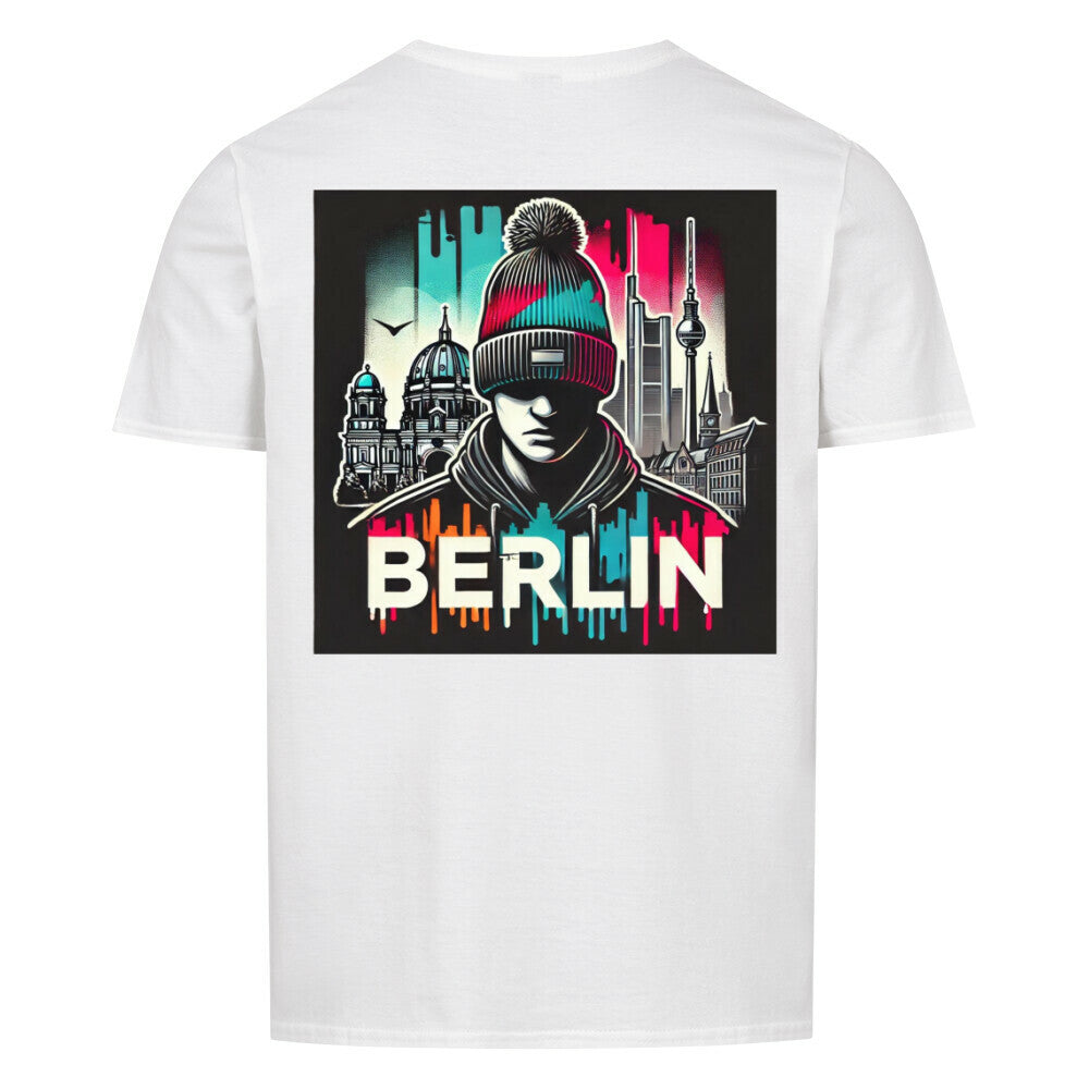White unisex Berlin shirt featuring cityscape design and colorful Berlin text.