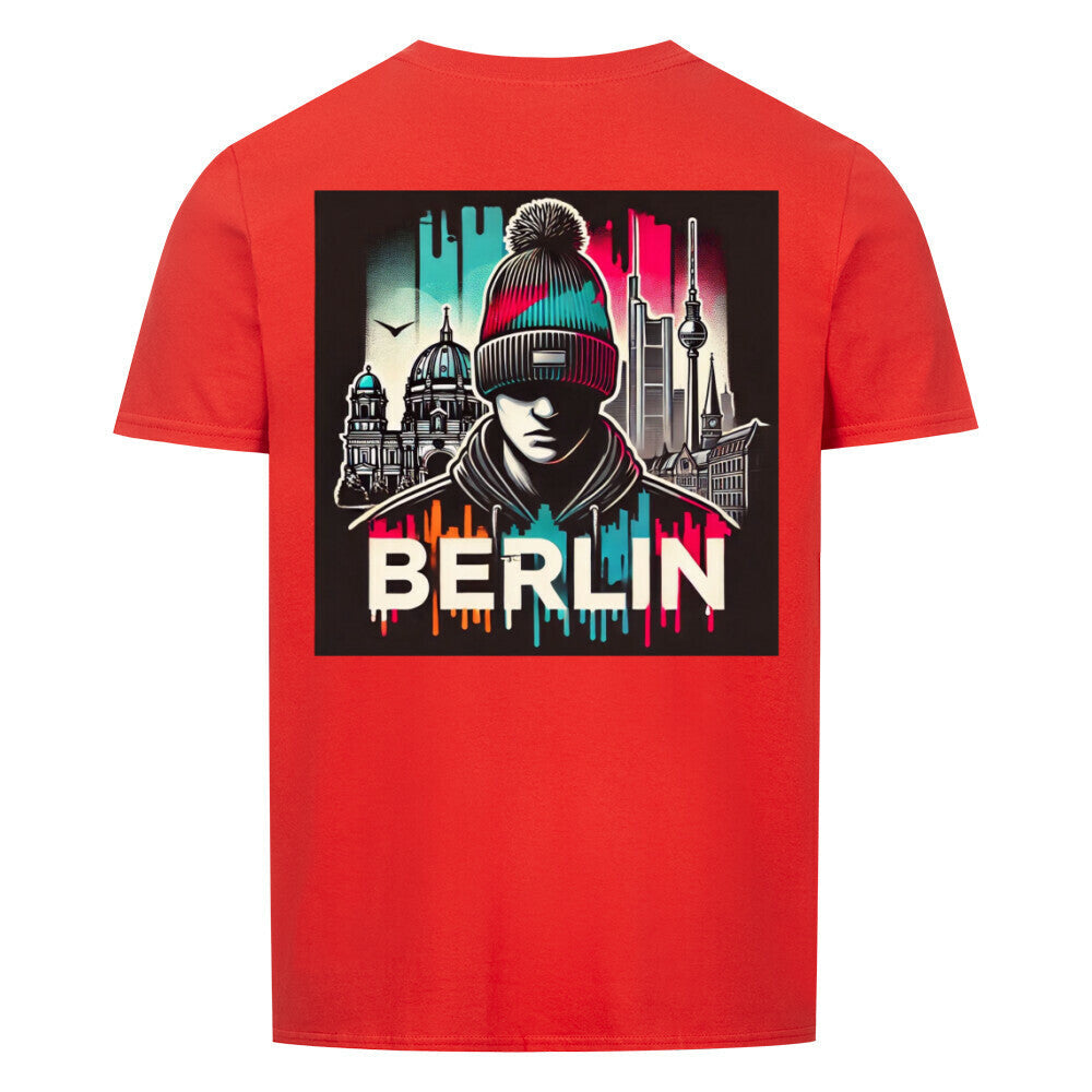 Red Berlin Shirt Unisex with cityscape graphic and colorful design.