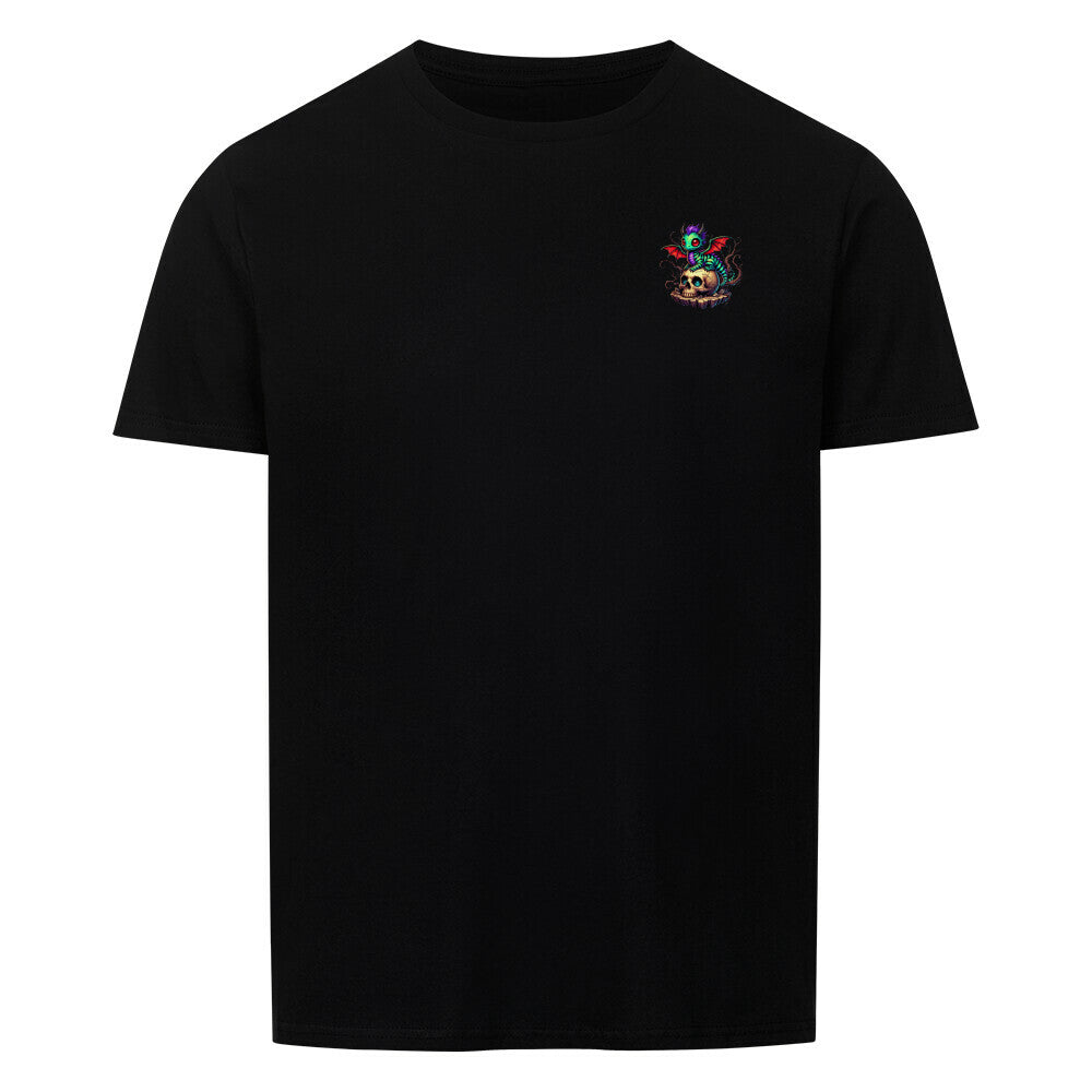 Schwarzes Drache Unisex T-Shirt aus Baumwolle mit kleinem Aufdruck auf der Brust.