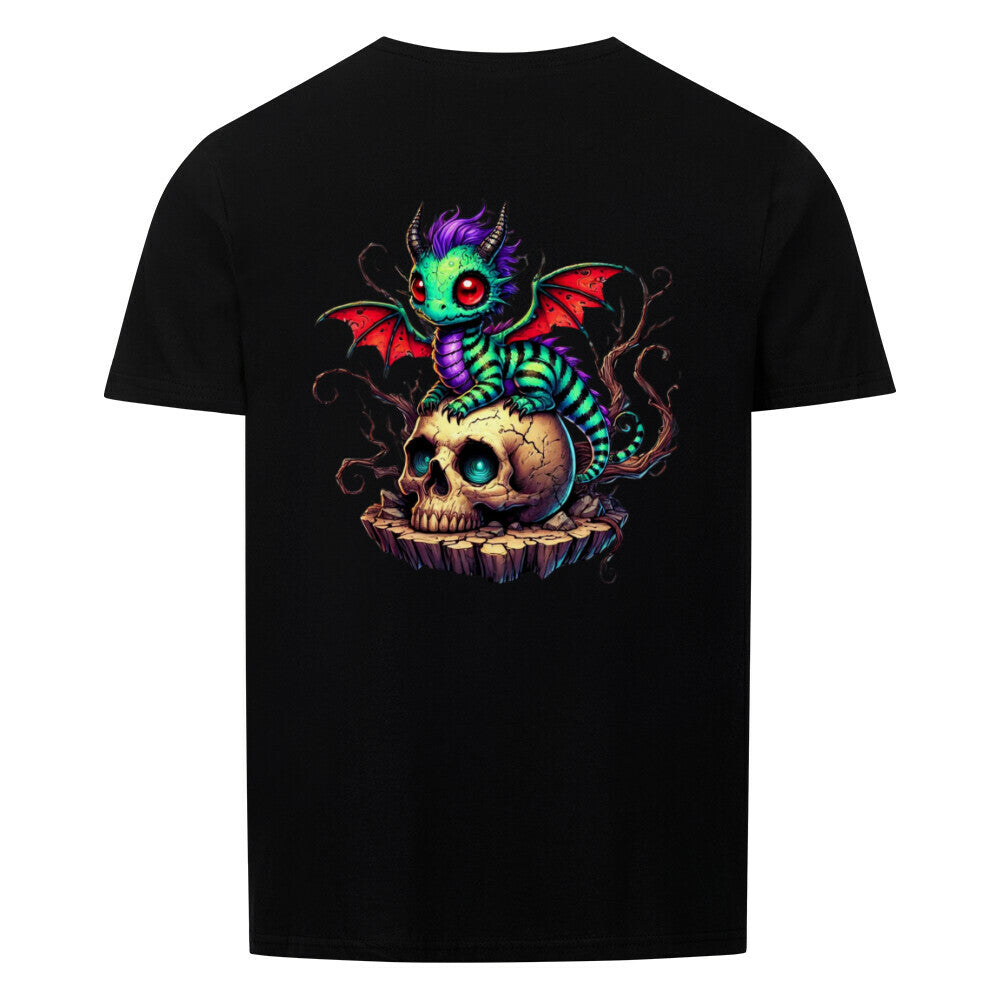 Unisex T-Shirt Drache Design auf schwarzem Hintergrund.