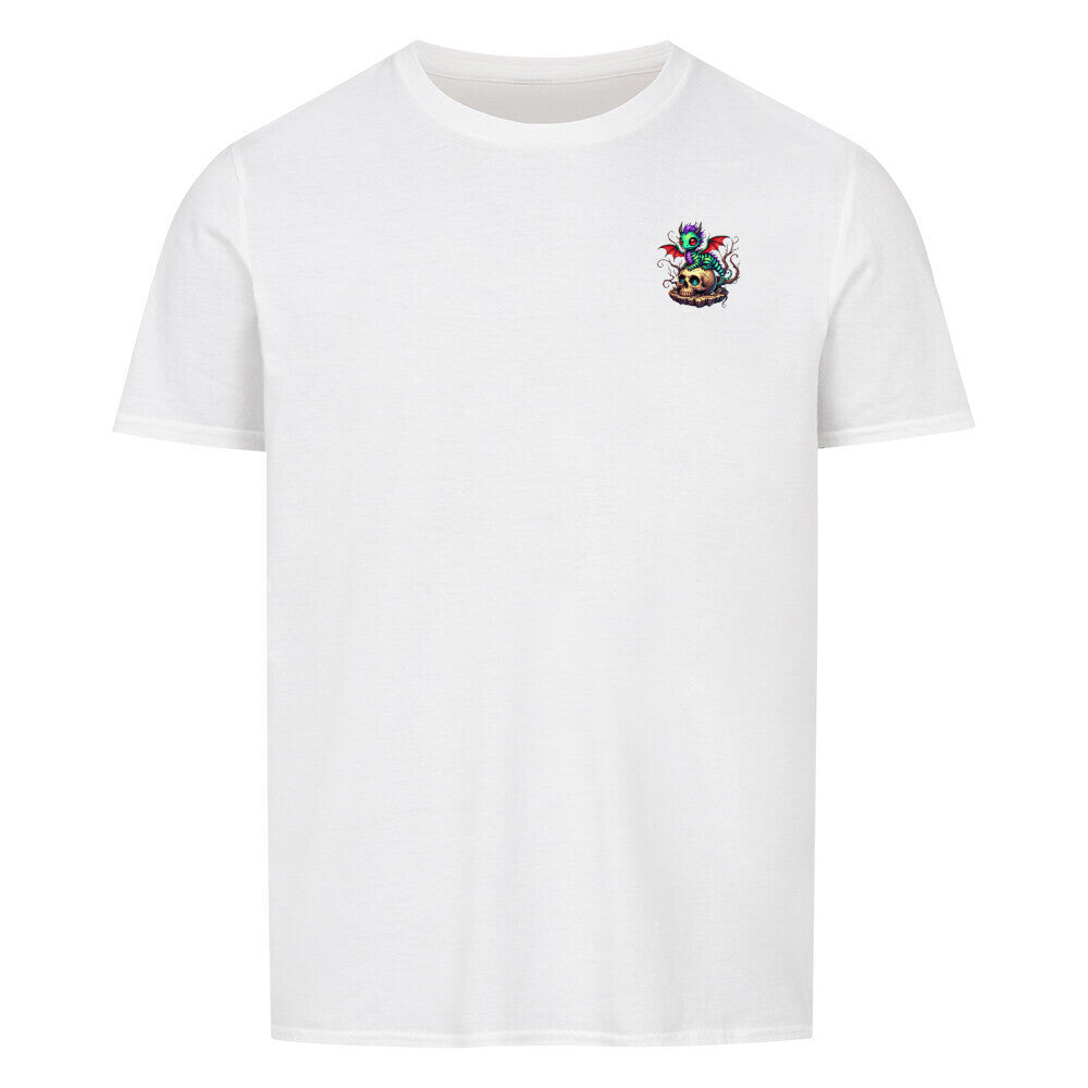 Drache Unisex T-Shirt, weiß, mit modischem Kragen und Doppelnähten, 100% Baumwolle.
