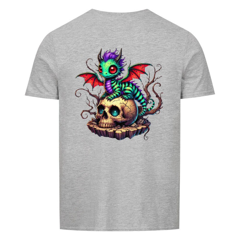 Drache Unisex T-Shirt mit Drachenmotiv auf Totenkopf, 100% Baumwolle, normale Passform.