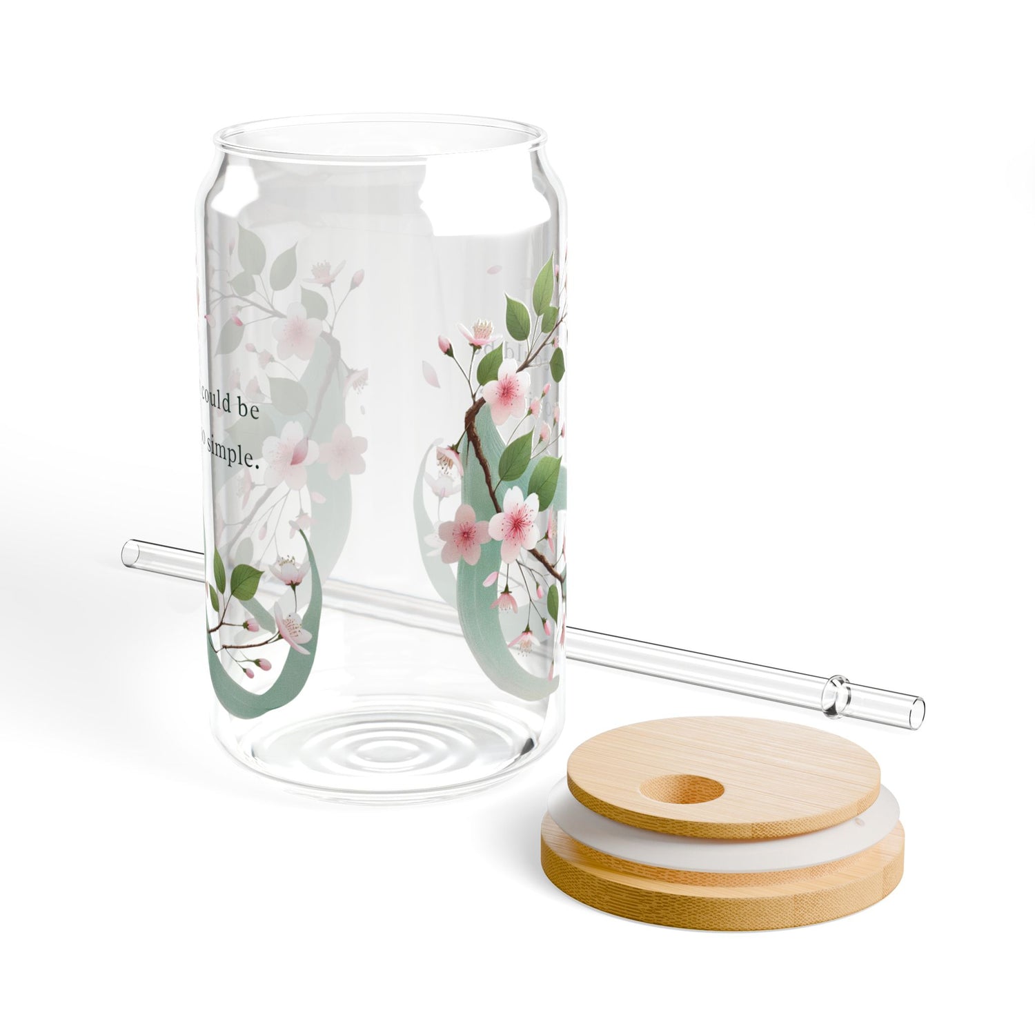 Blumendesign Glas – 16oz / 0,47 l mit Bambusdeckel & Strohhalm