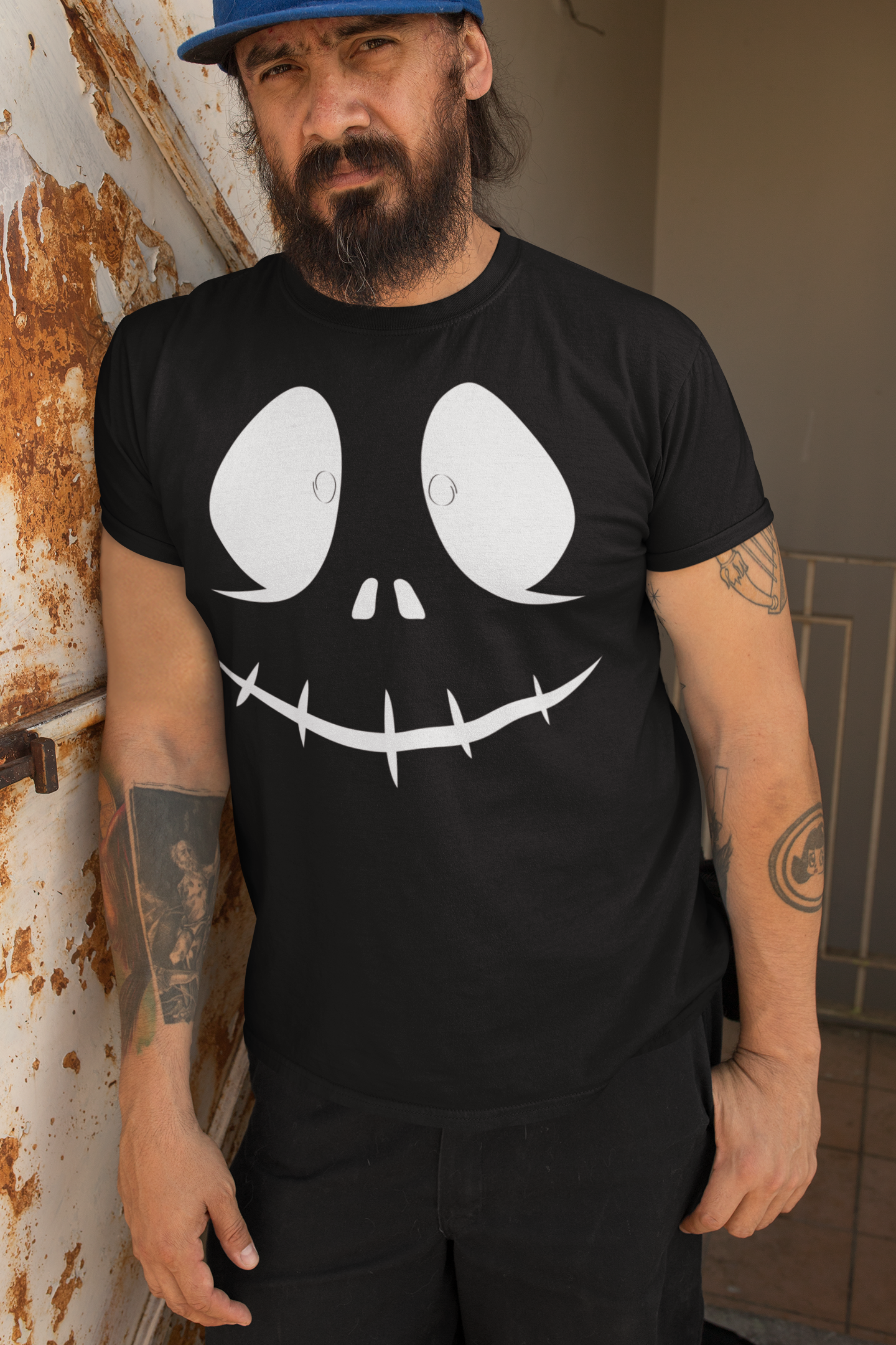 Unisex sustainable Halloween shirt with skull face design.