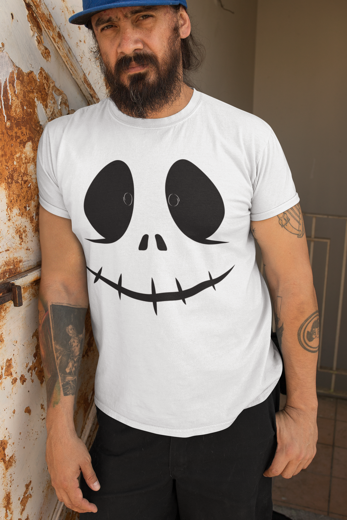 Unisex Halloween shirt with skeleton face design, made from organic cotton.
