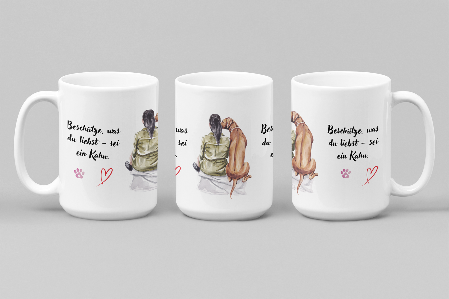 Mattweiße klassische Keramiktasse mit Motiv eines Menschen und Hund, Text