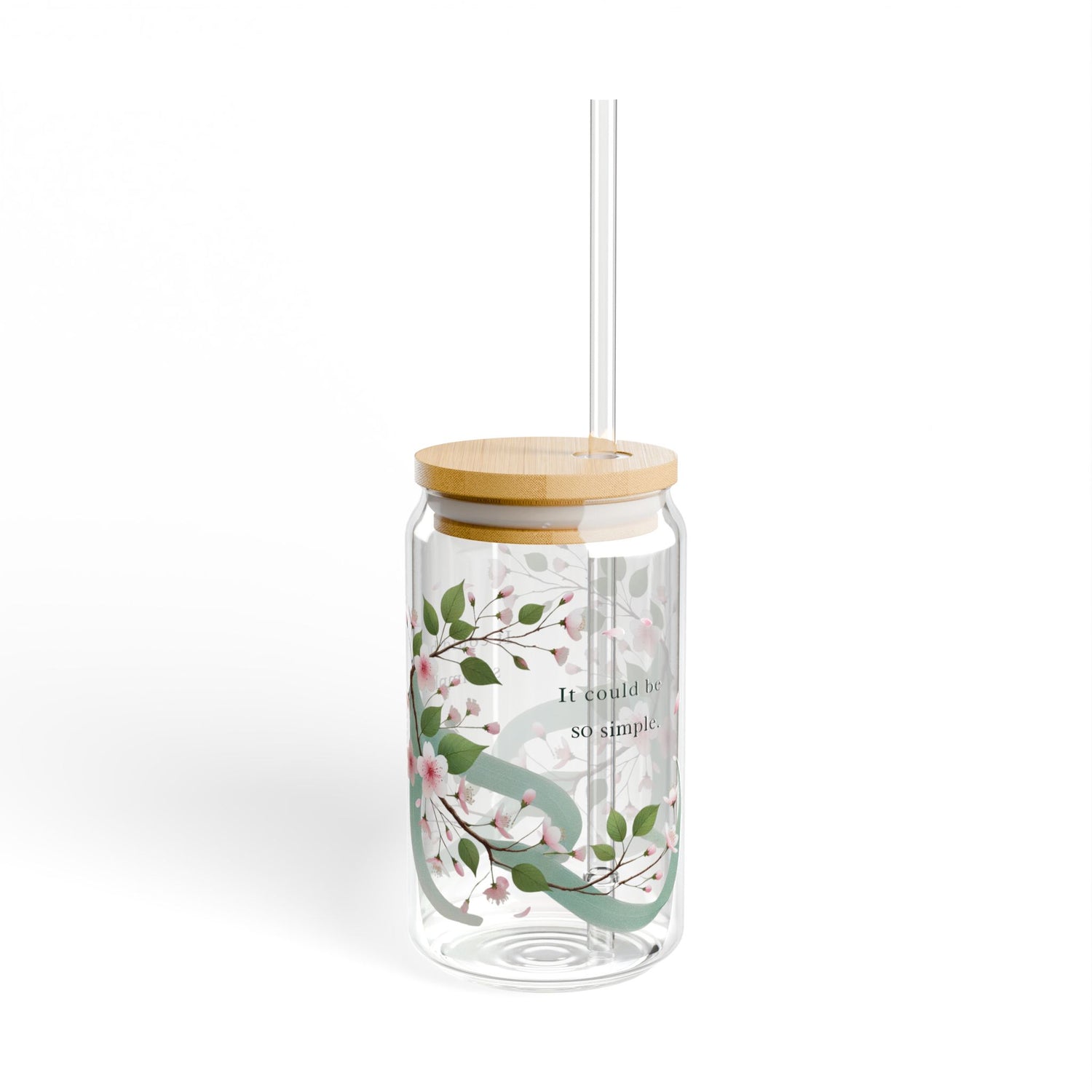 Blumendesign Glas – 16oz / 0,47 l mit Bambusdeckel & Strohhalm