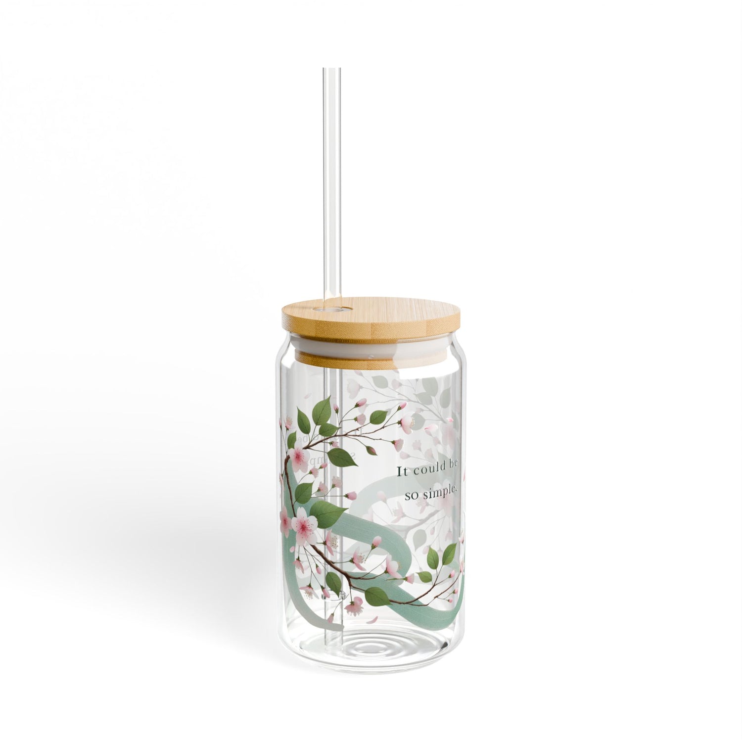 Blumendesign Glas – 16oz / 0,47 l mit Bambusdeckel & Strohhalm