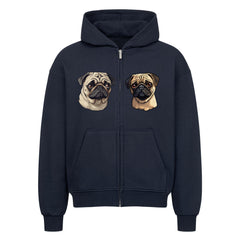 Unisex oversized zipper hoodie with pug design, 100% cotton, premium quality.