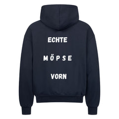 Unisex oversized zipper hoodie, 100% cotton, with "Echte Möpse vorn" text on the back.
