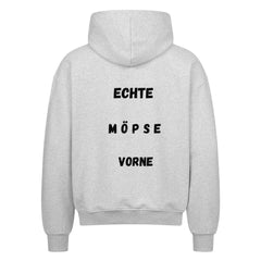 Unisex oversized zipper hoodie, "Echte Möpse vorn" design, 100% cotton.