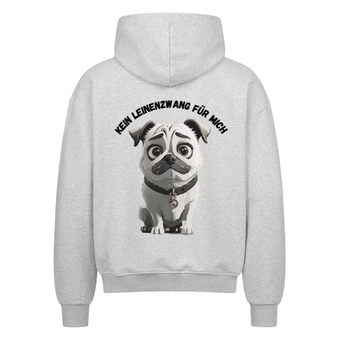 Unisex Hoodie mit Reißverschluss und Hunde-Design, oversized Schnitt, 100% Baumwolle, grau.