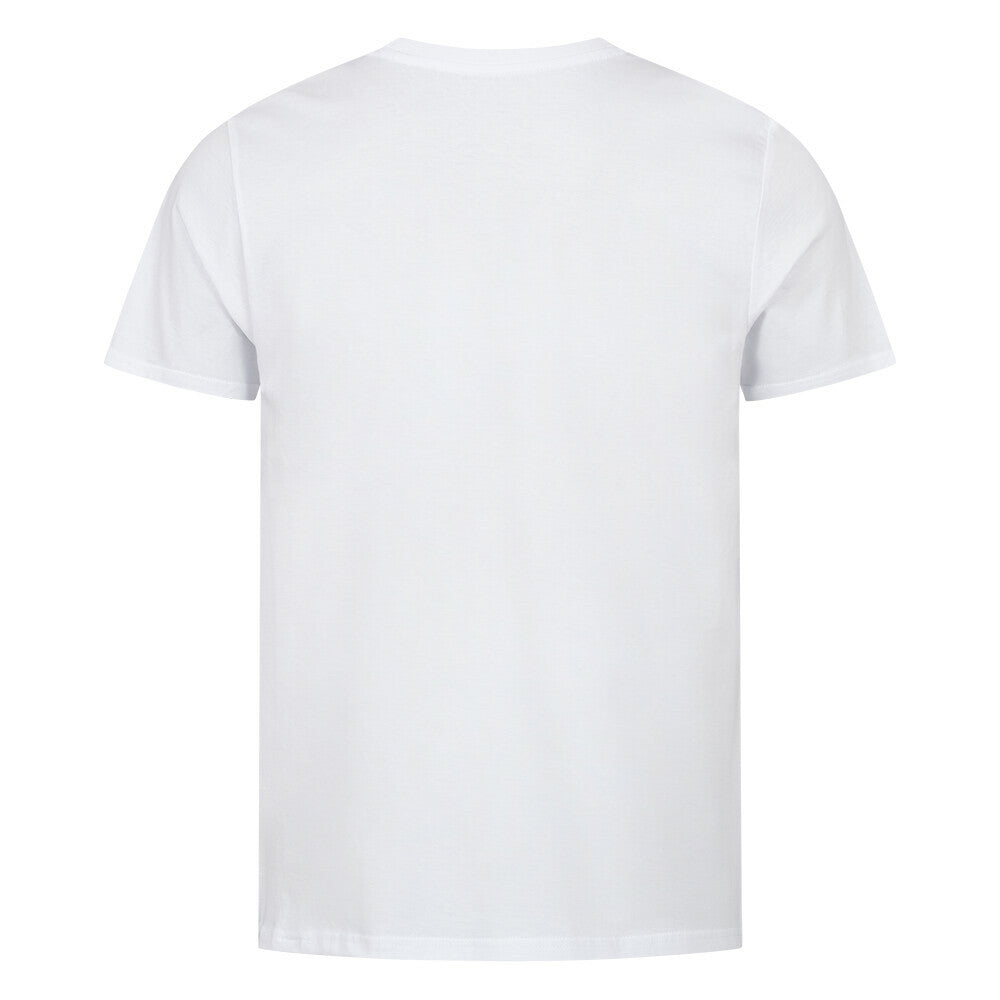 Frisbee unisex shirt in white, back view, made from organic cotton.