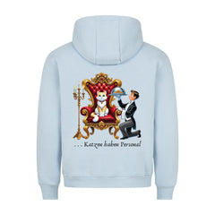 "Katzen haben Personal" Unisex Hoodie featuring cat graphic and text on back.