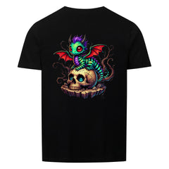 Unisex T-Shirt Drache Design auf schwarzem Hintergrund.
