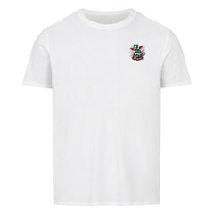 Drache Unisex T-Shirt, weiß, mit modischem Kragen und Doppelnähten, 100% Baumwolle.