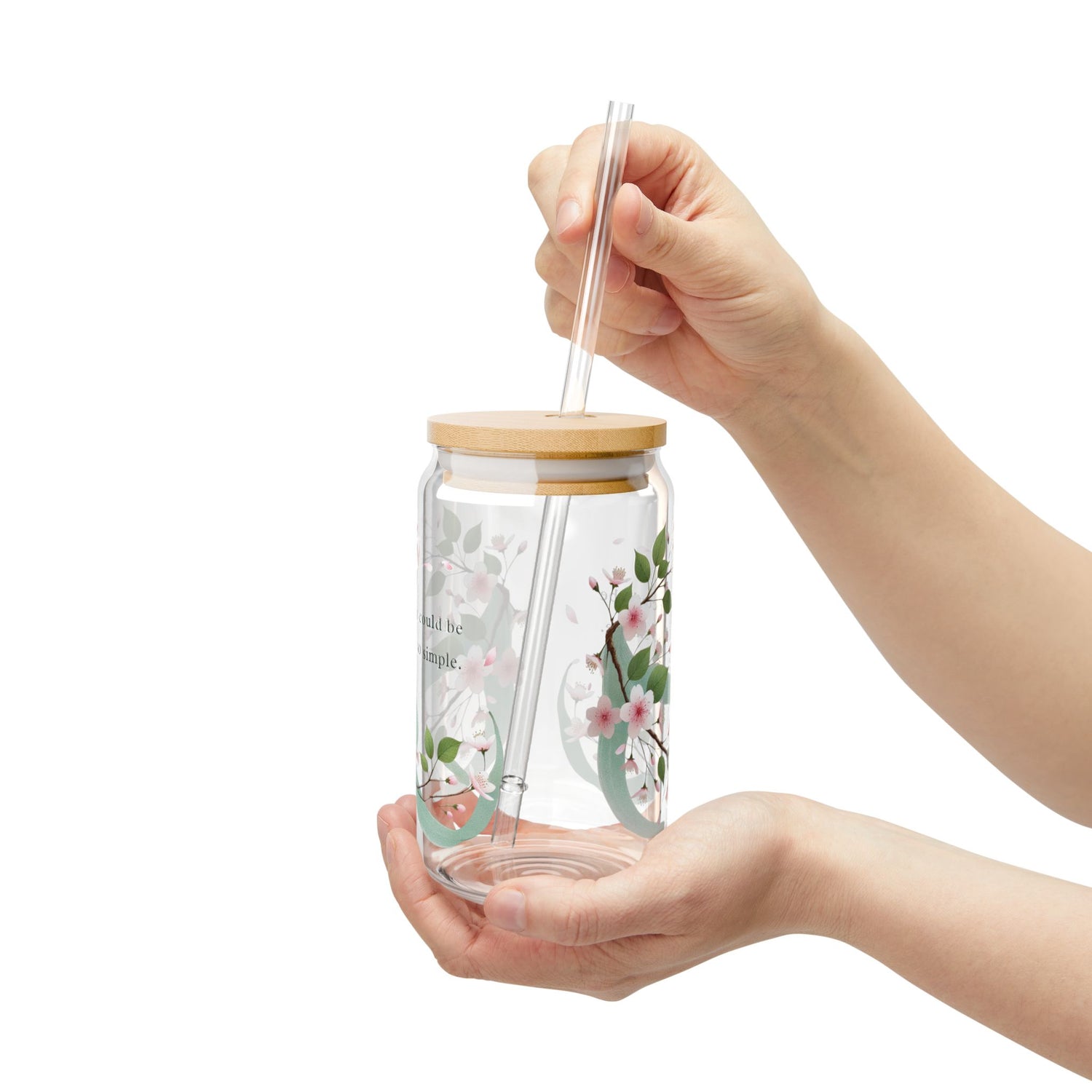 Blumendesign Glas – 16oz / 0,47 l mit Bambusdeckel & Strohhalm
